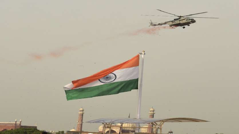 IAF chopper showers flower petals on venue during the full dress rehearsal.